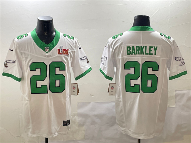 Men's White Philadelphia Eagles #26 Saquon Barkley 2025 Super Bowl LIX Patch F.U.S.E. Vapor Untouchable Limited Stitched Football Jersey